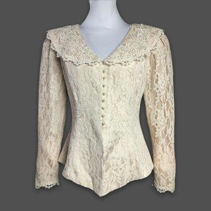 Vintage 80s Jacket ivory Cream Lace Peral Beaded Victorian Nah Nah Collection M